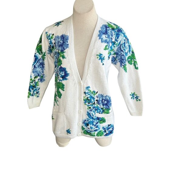 Adrienne Vittadini Vintage Blue Floral Cottage Grandma Cardigan Sweater Size S - Picture 7 of 11